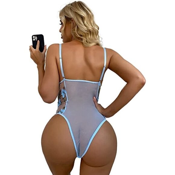 Sexy Lace Up Floral Embroidered Teddy Lingerie Bodysuit Top Mesh Sheer One Piece - Picture 6 of 8